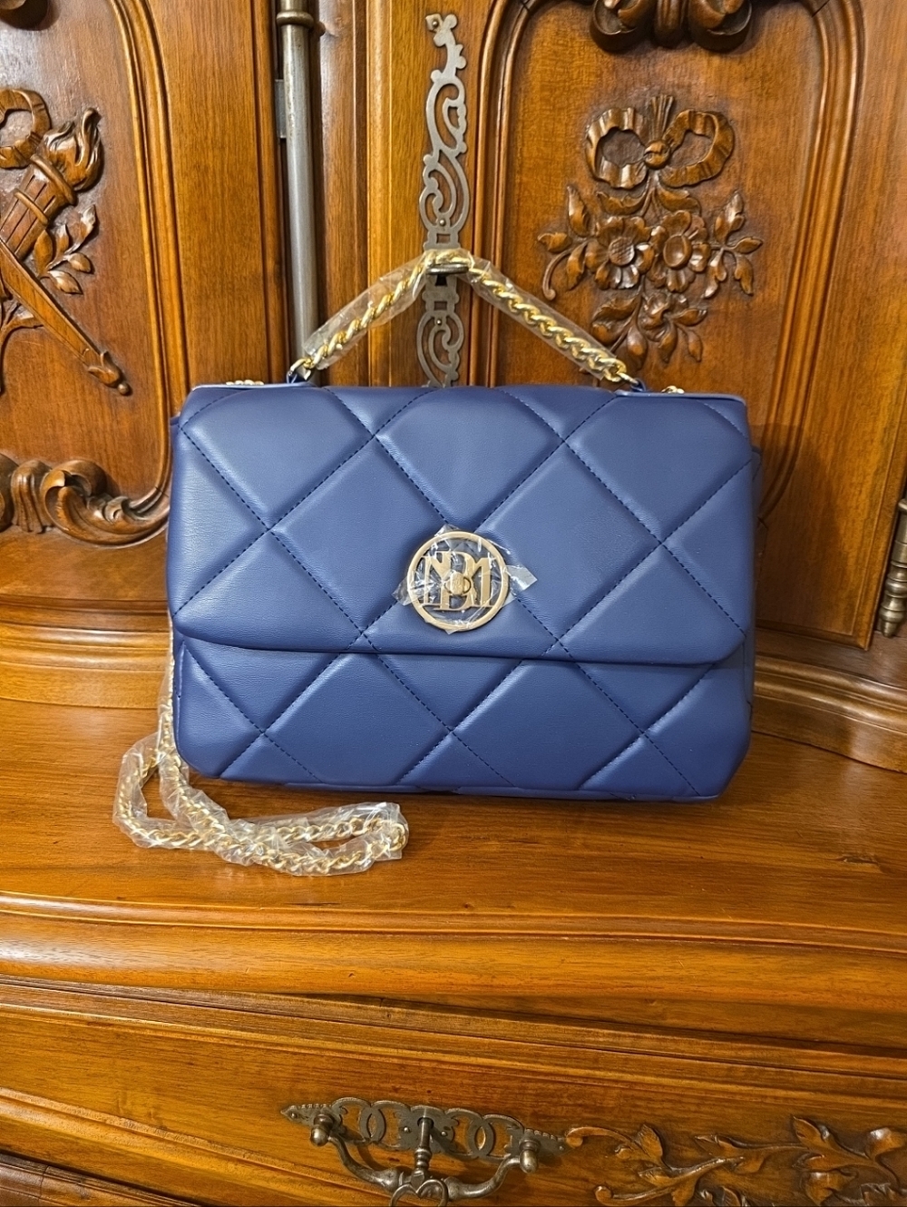 BADGLEY MISCHKA Top Handle Navy Blue Quilted Handbag with Letter Lock--NWT